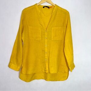 Zara linen V-neck long sleeve yellow button down shirt blouse sz XL